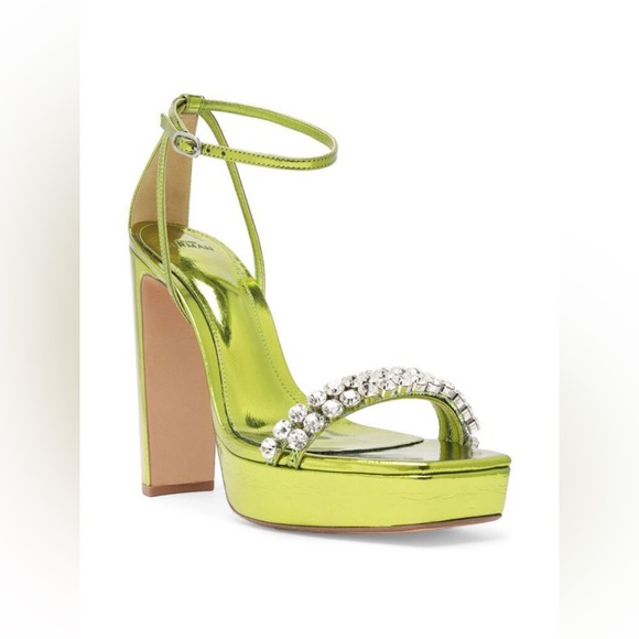 Alexandre Birman Lenny Metallic Crystal Platform Sandal in Avocado